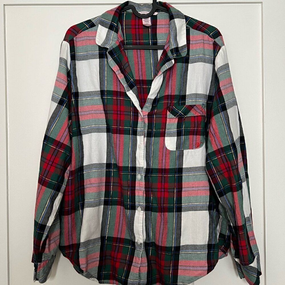 Victoria's Secret Womens Night Shirt Medium Plaid Flannel Long Sleeve Red Green